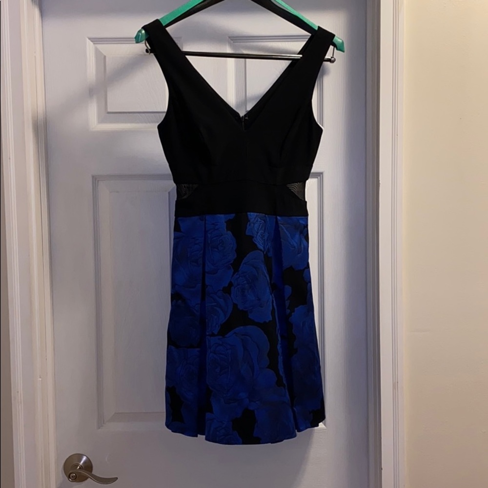 V-neck black and blue dress fit and flare dress